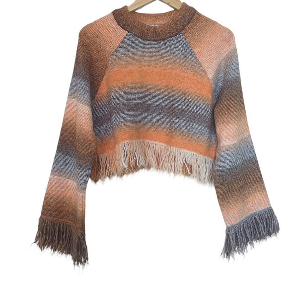 Zara NWT Fringed Cropped Striped Pullover Long Sleeve Sweater Orange - Picture 3 of 9